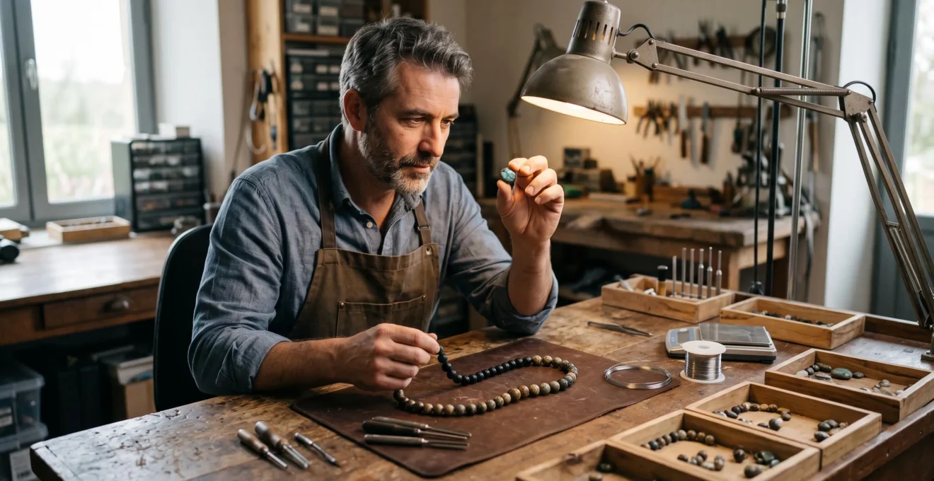 Un artisan bijoutier examine des perles de pierres naturelles sur son établi dans un atelier.
