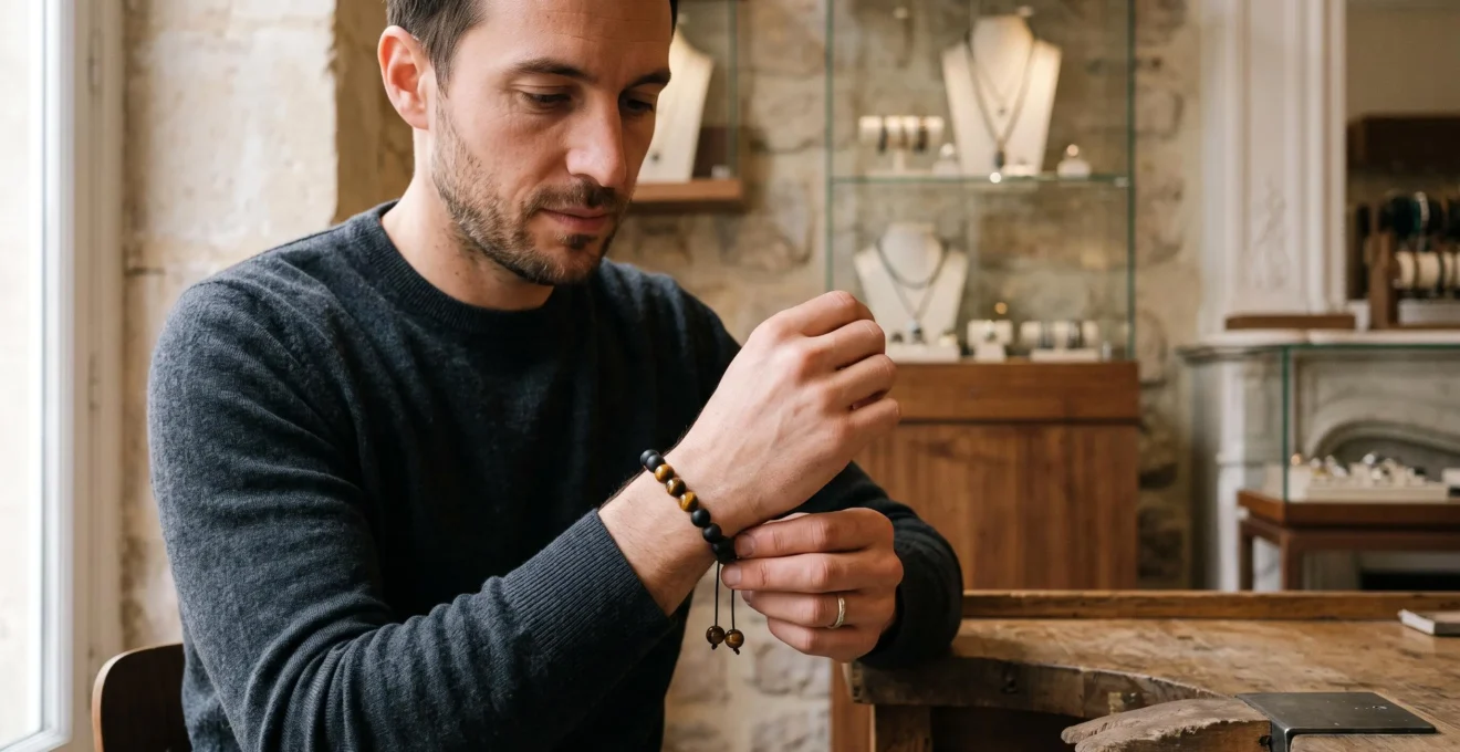 Un homme attache un bracelet en pierres naturelles autour de son poignet dans une boutique de bijoux.
