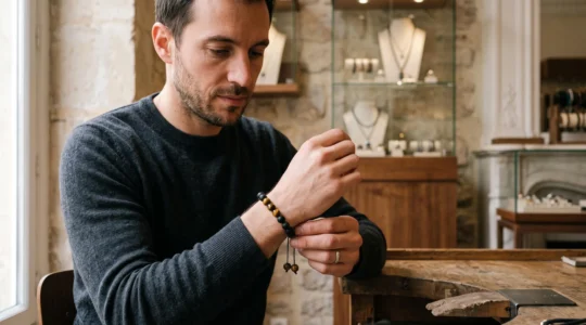 Un homme attache un bracelet en pierres naturelles autour de son poignet dans une boutique de bijoux.