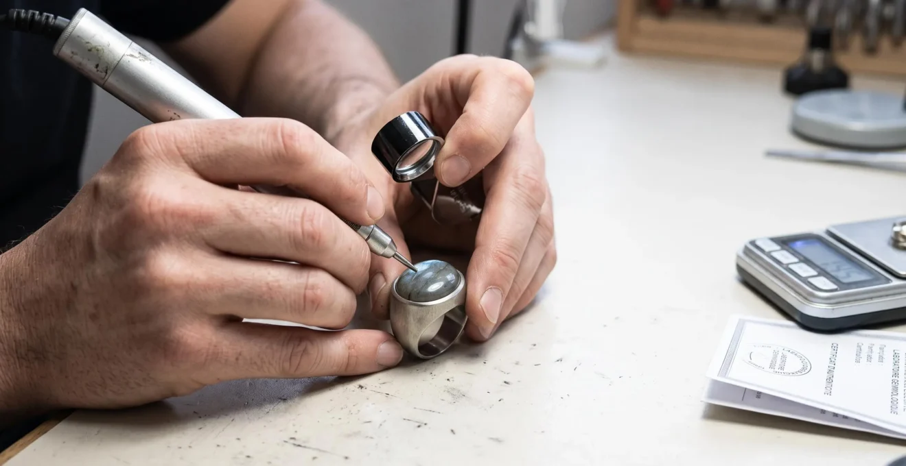 Des mains utilisent un testeur de gemmes sur une pierre labradorite montée en bague.
